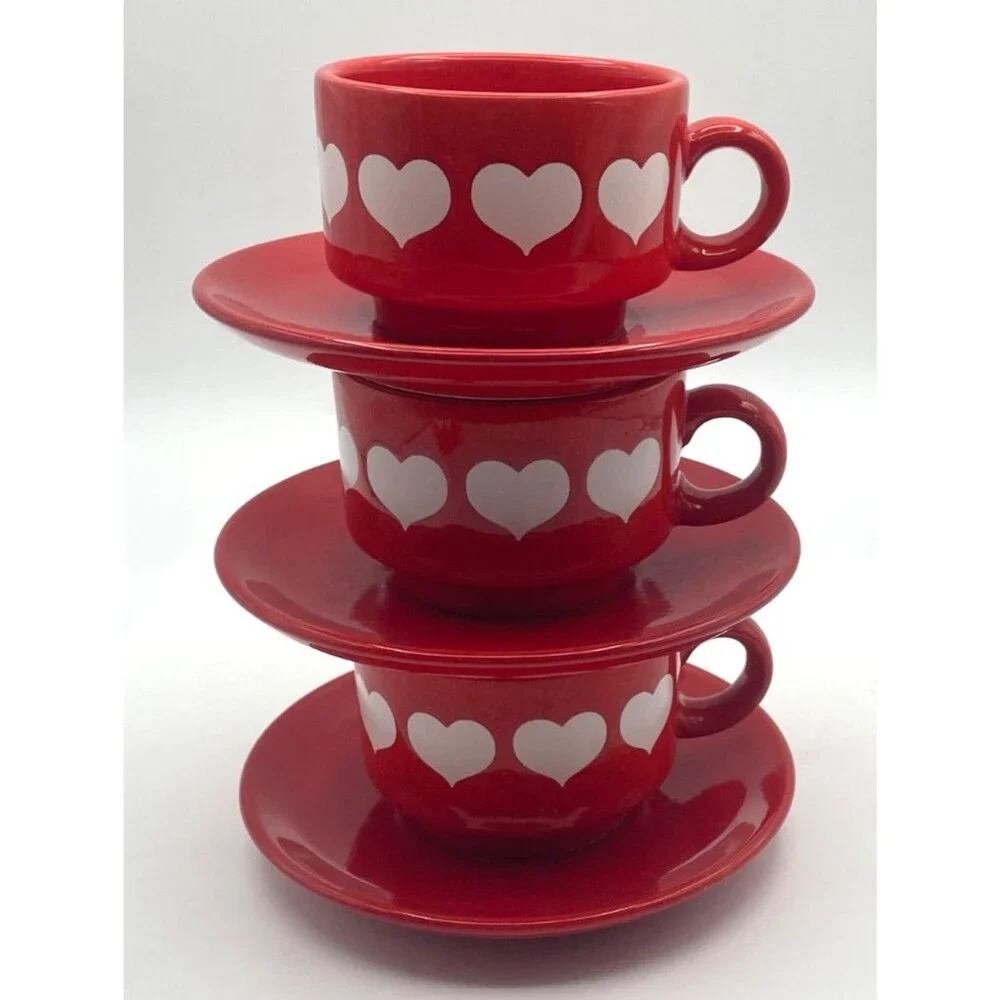 Vintage Red Heart Waechtersbach 4 Tea Cups & 3 Saucers Stackable Retired MINT